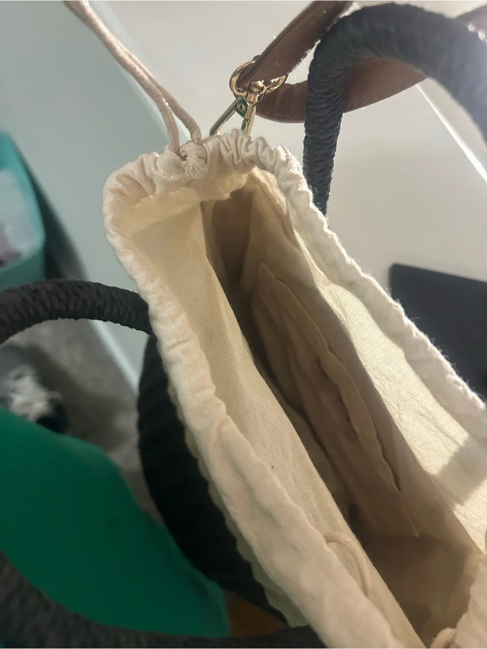 Marabelle Woven Two-Tone Black & Cream Straw bucket Tote Bag